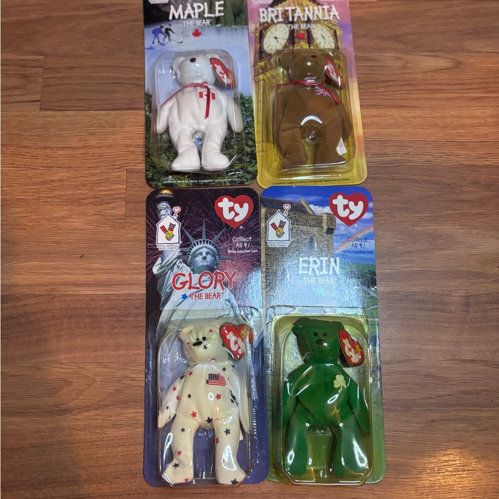 RARE Ty Beanie Babies Collectible Bear Set - White, Brown, Green
